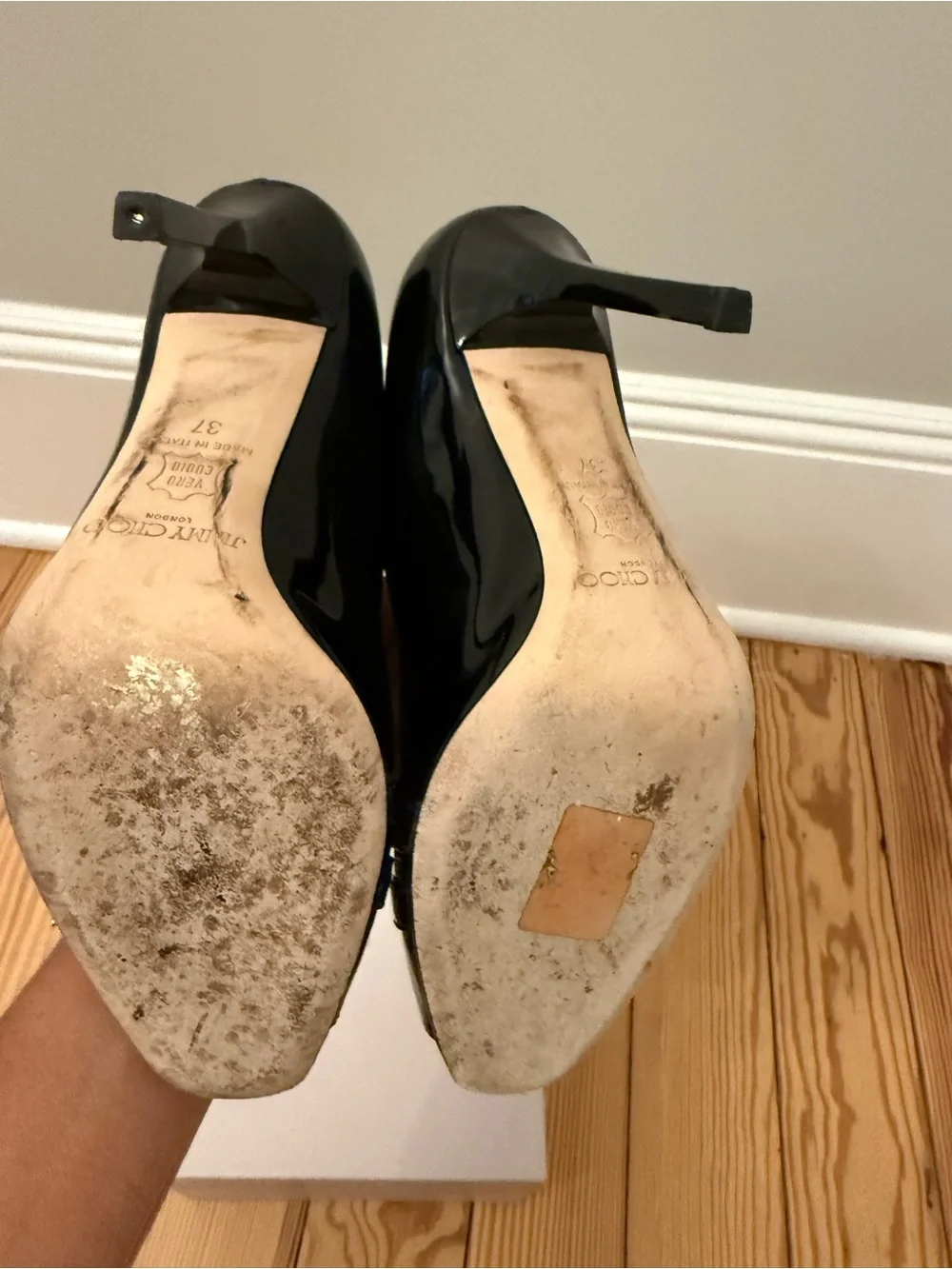 Jimmy Choo Black Patent Leather Peep-Toe Pumps with Gold Buckles
